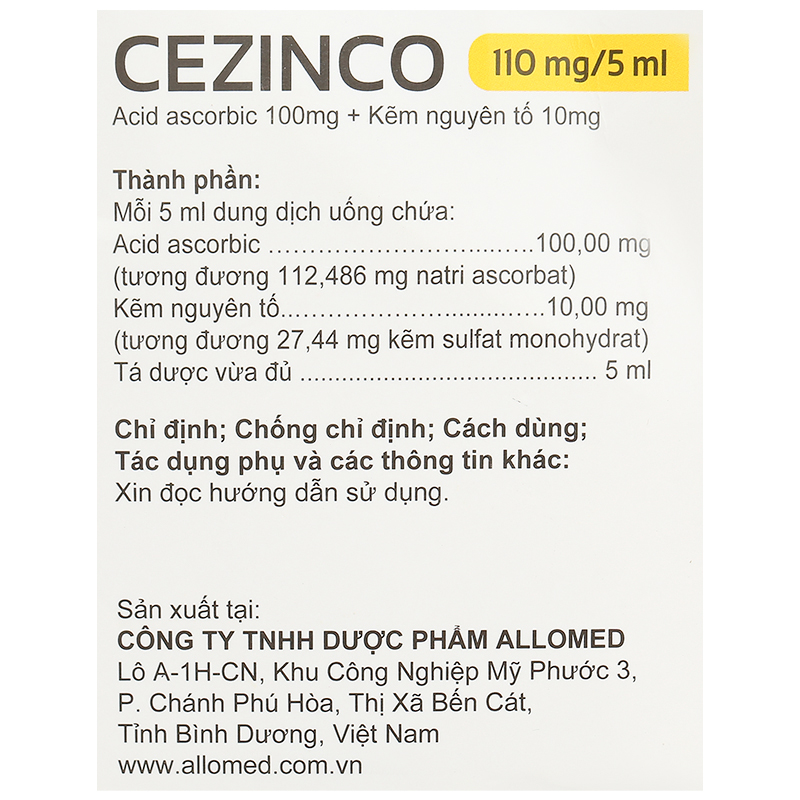 Dung dịch uống Cezinco 110mg/5ml Allomed phòng ngừa và điều trị thiếu vitamin C, thiếu kẽm hộp 30 ống - 9